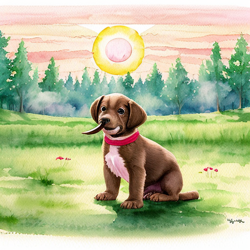 Roztomilé celé hnědé štěně drží v tlamě klacek, z kterého se na konci kouří, stojí proti zapadajícímu slunci, kolem louka a les. Kouř tvoří jemný obláček. Pohádková ilustrace, měkké světlo, dětský akvarel, hravá atmosféra.