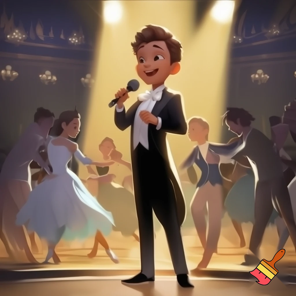 Preteen Boy in Top Hat White Bowtie Black Tailcoat Black Shoes Singing in Microphone on a big Stage. Behind him Ballroom Dance Kid Couples Dancing, the Boys in formal stylish Tailcoats, the Girls in beautiful Ballroom Gowns