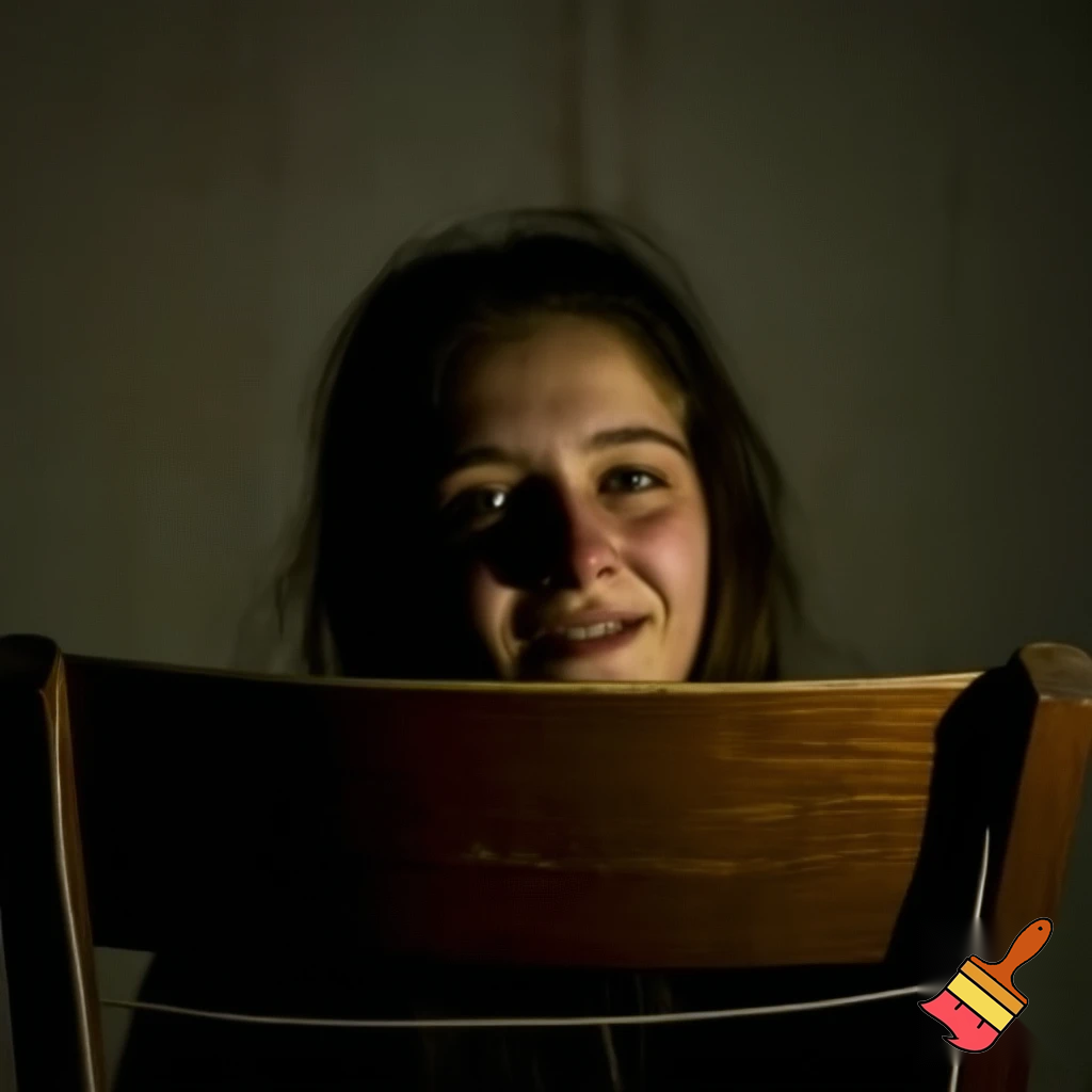 young woman tied to chair smiling
