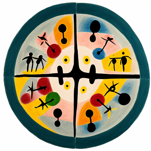 Put surreal Features in a circle consisting of multiple abstract figures in  Miro  and Matisse style