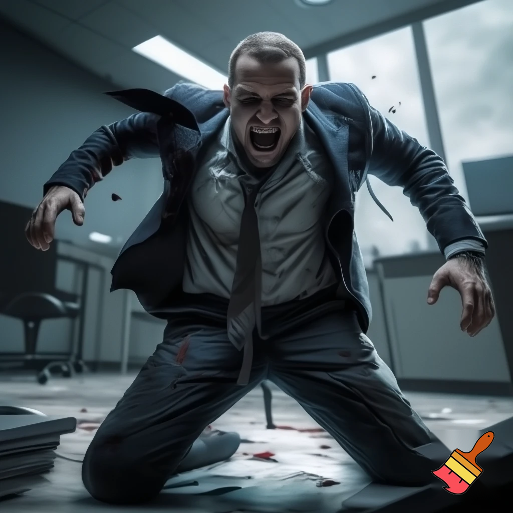 make a guy screaming and crying on his knees after losing everything. Make it super exaggerated. Make him at his office with a suit and tie