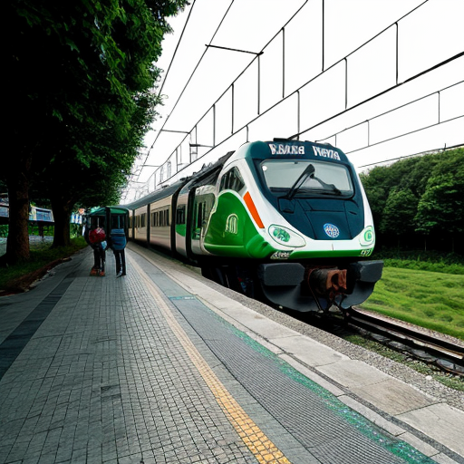 a train traveling with greenfields in background with irish flag