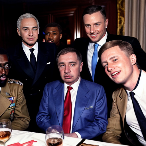 Jeffery epstein, Adolf hitler, sean diddy combs, stephen hawking, charlie kirk and donald trump having party at mansion. realistic and make them look right
