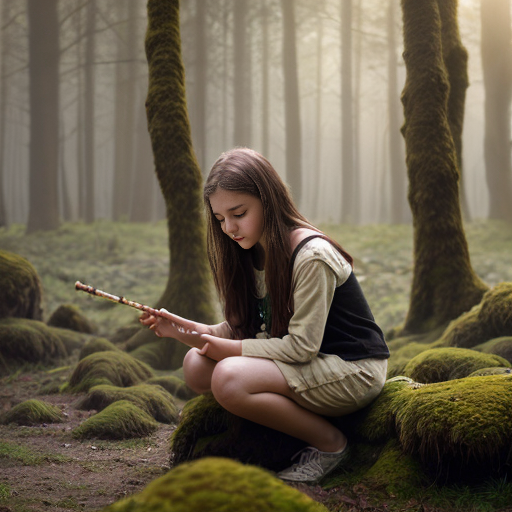 “Teen girl discovering a sacred wooden flute on a mossy stone in a sunlit forest, semi-realistic, vibrant greens.”