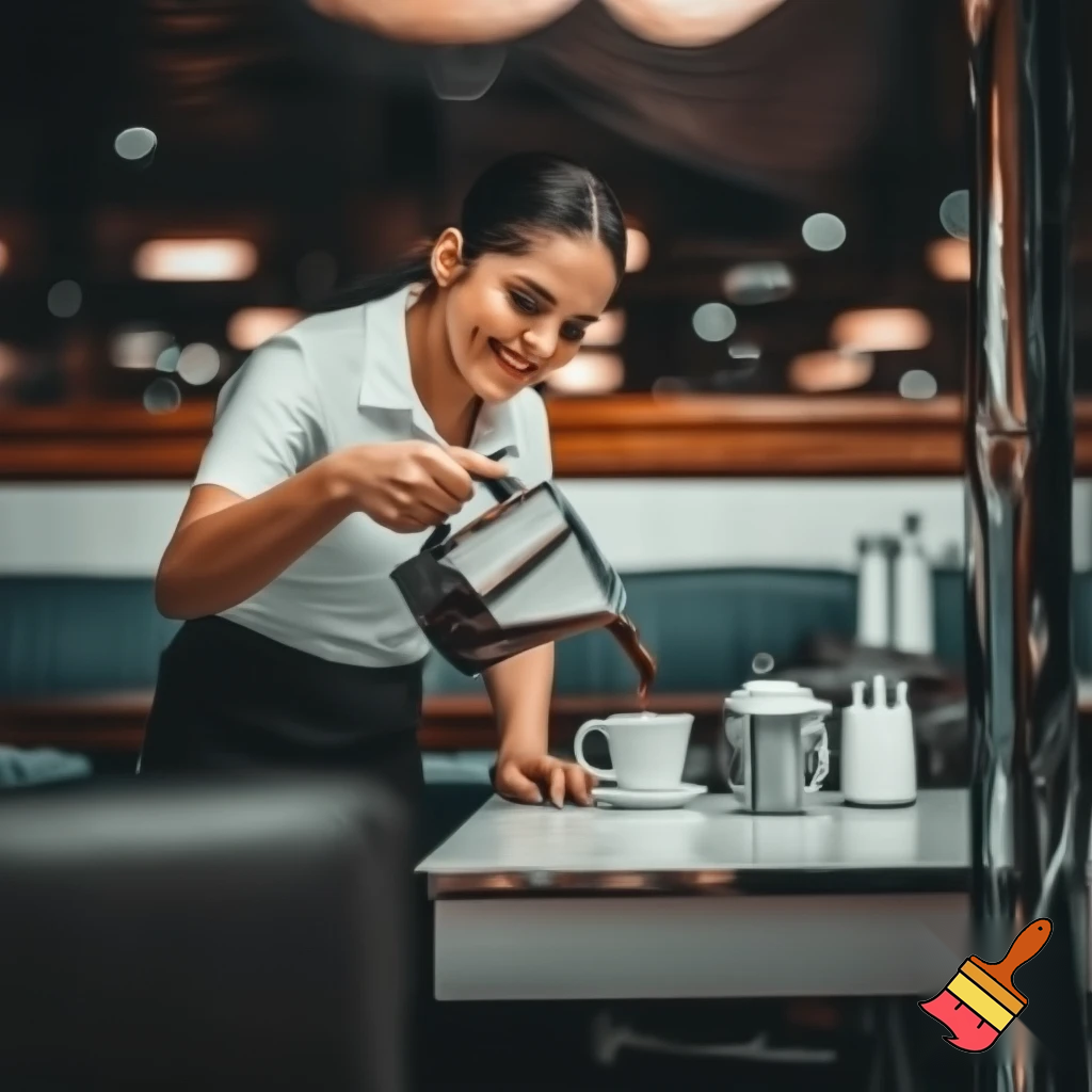 A small roadside diner. A beautiful waitress leans over to pour coffee into a customer's cup at a table. The waitress smiles. Photorealistic. 9x16