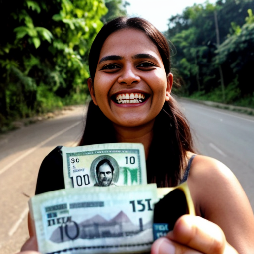 Huge green Hulku smiling happily after finding a 10 rupee note on the road in a village, joyful expression, dramatic cinematic lighting, dusty village road, realistic 3D animation style, Instagram reel format 9:16