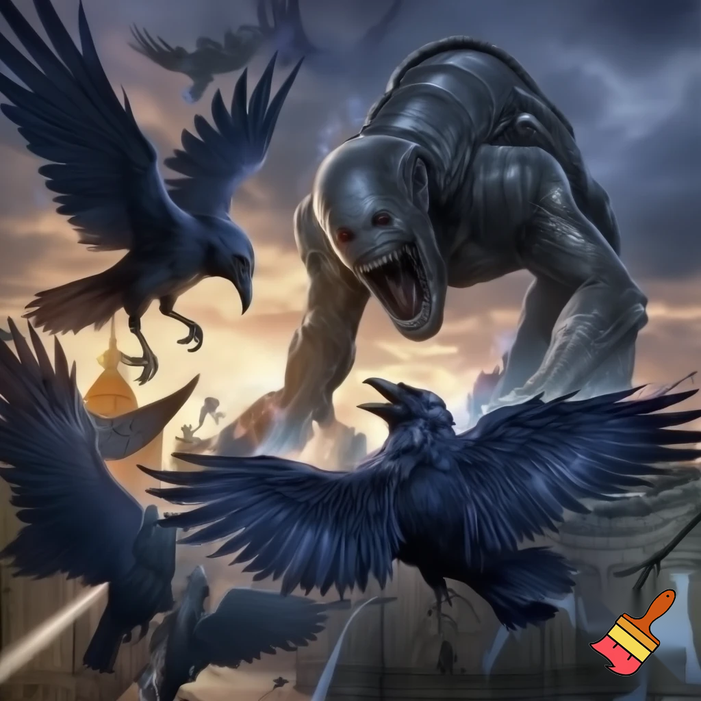 the London royal ravens fighting a big alien wearing mr beasts head