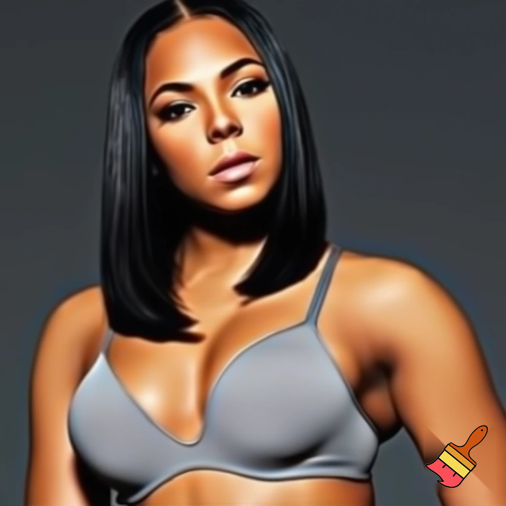 Ashanti with a black sleek middle part bob hair wearing a grey bra working out 
