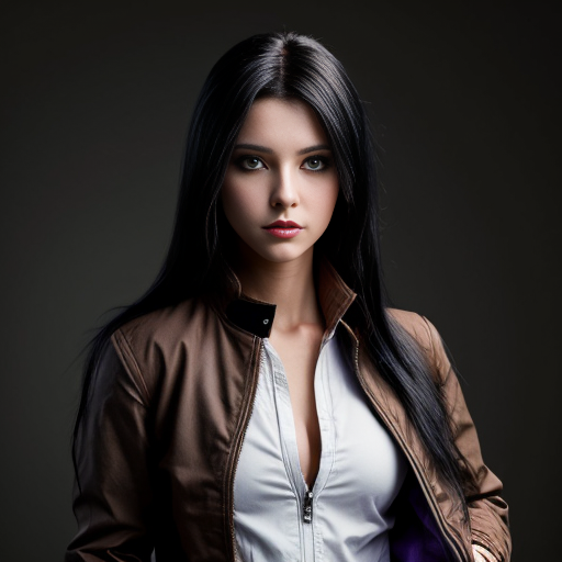 Anthropomorphic humanoid female black wolf with long pretty black hair and purple eyes, wearing a brown jacket 