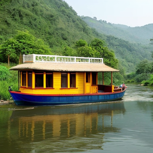 draw a beautiful hill station with river flowing  boat on it with a smakk cottage near river.