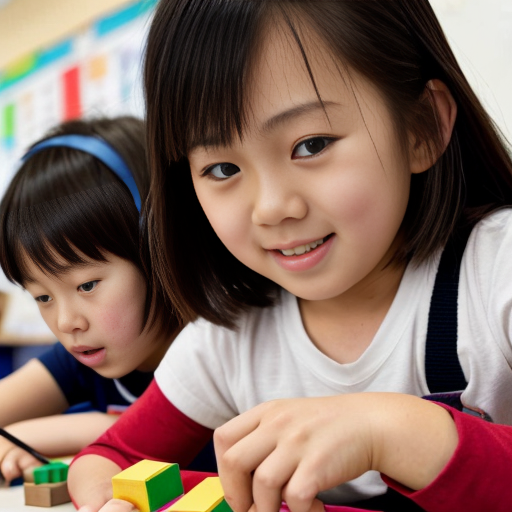 One asian student and 1 blonde student and 1 red haired grade 3 boys and girls making patterns with blocks while only wearing tabbed diapers