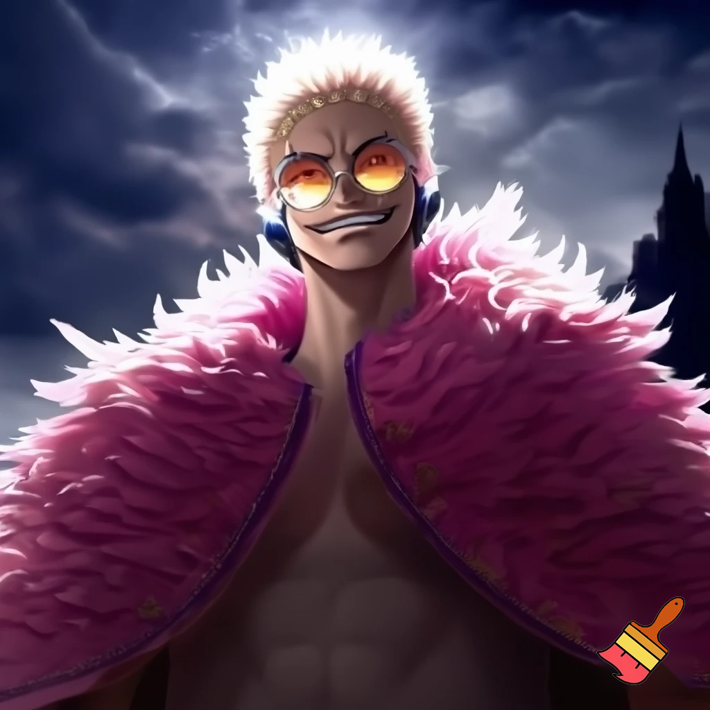 create chopper from one piece dressed as donquixote doflamingo with the glasses on his eyes
