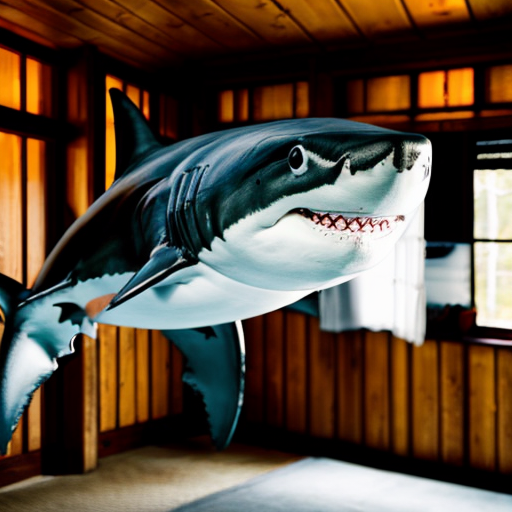 Make a shark with blue jordans in a big wood cabin called "The Tung tung Inn"