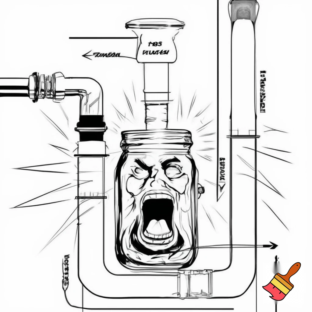 "A black and white diagram of a mason jar water pipe, with labels for 'MOUTHPIECE', 'DOWNSPOUT', 'BOWL HOLE', and 'MASON JAR'. The jar has an extremely angry, seething face with an open, shouting mouth, conveying intense, boiling rage that is trying to break free from the diagram's constraints."