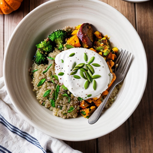 Create a realistic cookbook style photo of the finished dish:
Quinoa and Pumpkin Seed Power Bowl
knowing the ingredients:
•	3/4 cup cooked quinoa
•	1/2 cup roasted broccoli
•	1/4 avocado, sliced
•	1 tablespoon pumpkin seeds
•	1 tablespoon olive oil
•	pinch of salt
Please don't add anything else in the dish, I don't want my reader to think they missed something.
The dish is fully plated and ready to serve.
Style:
modern healthy cookbook photography
natural daylight
editorial food photography
clean minimal background
Composition:
The food is the main focus of the image.
Simple kitchen environment.
Fresh ingredients visible around the plate.
Camera variation (important):
Use a different angle from previous images such as:
top view
45 degree angle
close up plating
side angle
slightly elevated perspective
Keep the lighting style consistent across all images.
Make the food look fresh, vibrant and realistic.
VARIAZIONE AUTOMATICA DELLE INQUADRATURE
Per evitare immagini duplicate, alterna automaticamente:
camera angle
top view
45 degree angle
slightly elevated angle
side plating angle
close up texture shot
camera distance
wide food composition
medium shot
macro texture detail
surface variation
light wood table
white marble surface
stone kitchen surface
prop variation minima
linen napkin
wooden spoon
small ingredient bowls
fresh herbs
Queste variazioni devono cambiare tra le immagini ma mantenere lo stesso stile generale