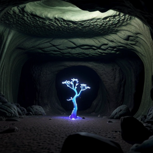 underground cavern inspired by Pikmin, organic tunnels, glowing roots on the ceiling, central water basin with a small rocky island, bioluminescent plants, soft blue and green light, natural alcoves in the walls, darker shadow zone in the back, fantasy cave map style
