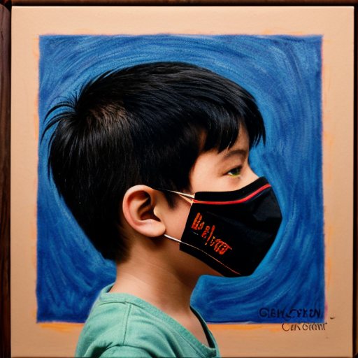 in an 8.5 by 11 inches size of canvass a crayon artwork of a kid with black hair in a side view looking upward holding a theater mask covering the half side of his face