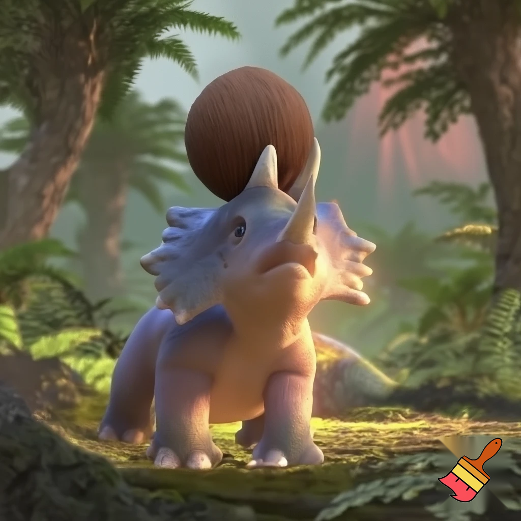 Draw a cute baby triceratops in the wild with a coconut nut on his nose horn 