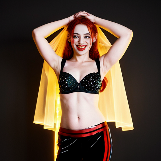 90's disney's 2d aladdin style comic black background and panels of 
panel 1 Harley Quinn with light black and red striped harem pants and bra and black and red curved slippers with both hand palms place together and hiding the bottom of her mouth with a light black and red striped veil wrapped around her arms and shoulders. 
panel 2 she danced with light black and red striped harem pants with light black and red striped bra and red and black curved slippers and with light black and red striped veil wrapped around her arms and shoulders and raising legs and bounced up and down her belly and shook her hips left and right. 
panel 3 as Harley Quinn with light black and red striped harem pants and bra and red and black curved slippers and with red and light black striped veil wrapped around her shoulders and arms and spreading her arms, happily revealing her face to the viewer and giving a smile as she shook her belly left and right. 
Panel 4 Harley Quinn with light black and red striped harem pants and bra and black and red curved slippers and with light black and red striped veil wrapped around her shoulders and arms has started to fading away , except her belly, which is bouncing around and growing. 
Panel 5 then the ball transforms into the fading in belly of Giant red haired giganta barefoot with dark yellow spotted yellow harem pants and bra and dark yellow spotted yellow veil wrapped around her arms and shoulders with her swaying her hips. 
Panel 6 red haired giganta barefoot with dark yellow spotted yellow harem pants and bra and dark yellow spotted yellow veil wrapped around her arms and shoulders then she is flexing her muscled arms. 