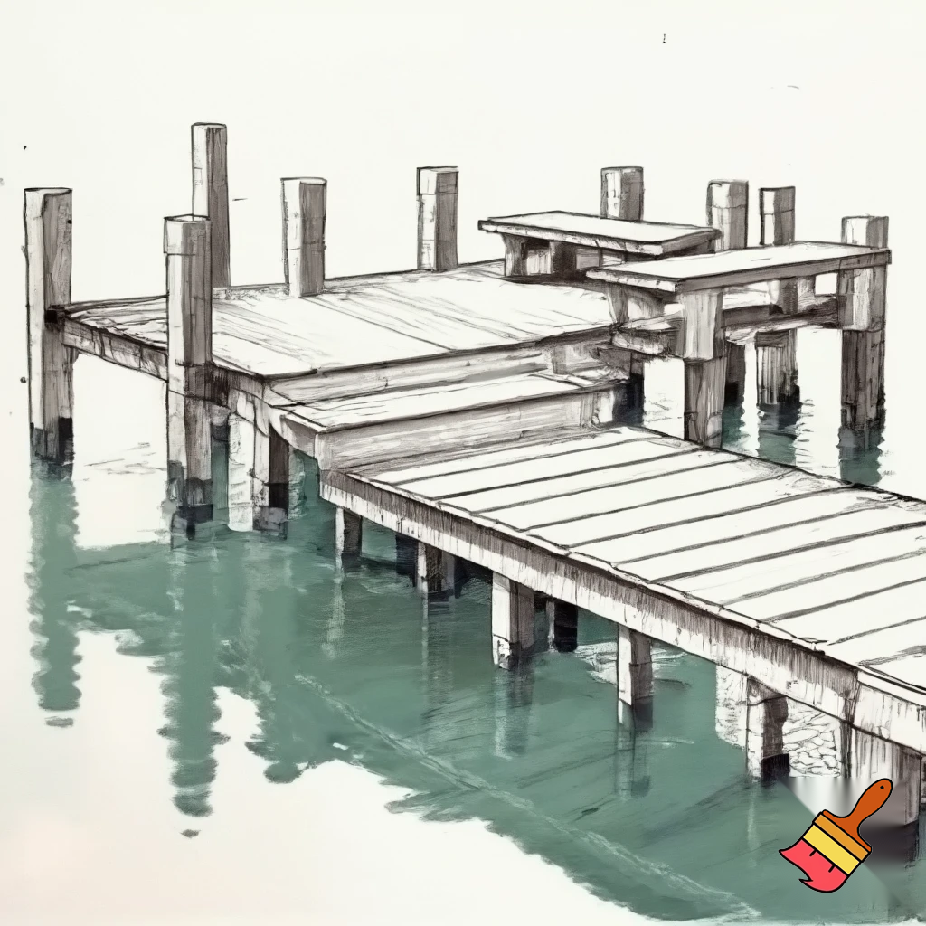 A construction sketch of a dock with 18 pilings and a T shaped end with two benches over a small pond