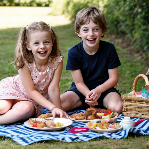 Two grown-ups, one big girl, little twin brothers Danny and Suzy and big sister's pet five little ducks having a picnic.