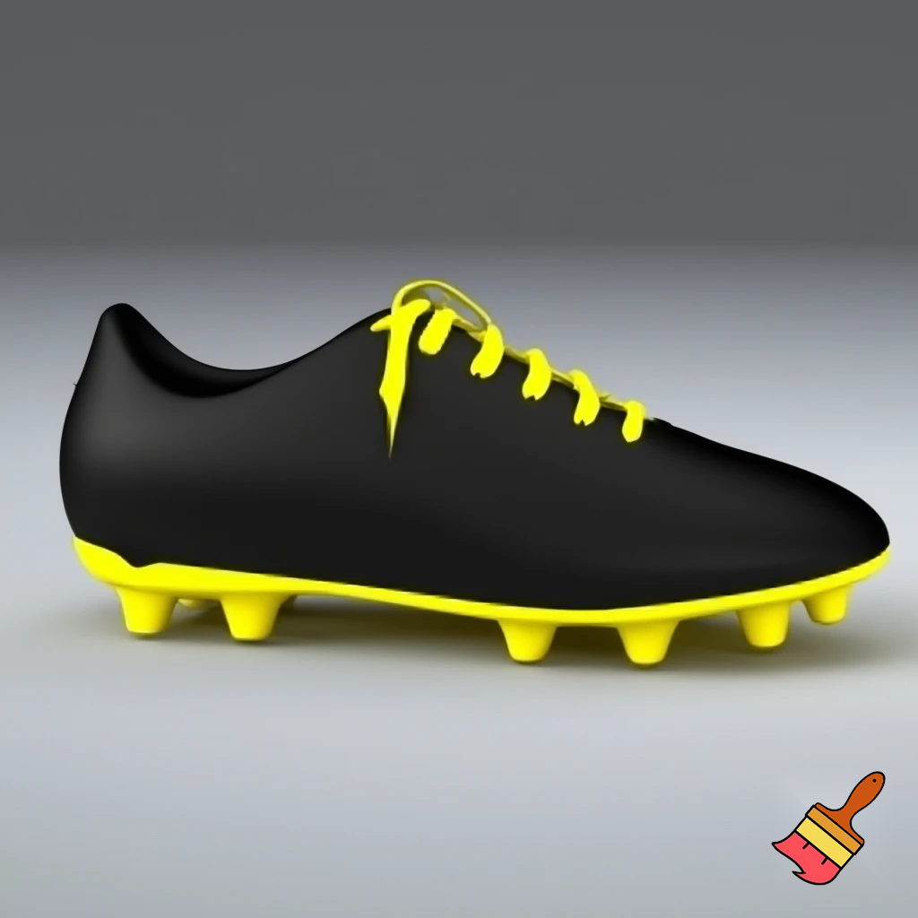 a plain black soccer boot with yellow studs with yellow shoelaces
