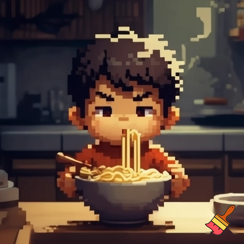 a boy hold a bowl pixel 2d