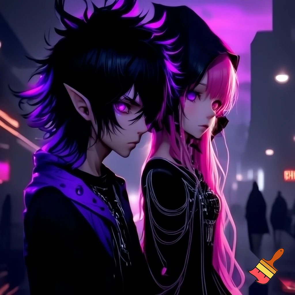 Anime boy, emo, black and purple streaks in hair, elf ears, glowing purple eyes, with a anime girl with pink long hair and goth outfit 