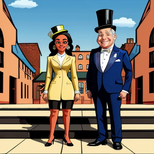 Cartoon Lottie from princess in the frog standing next to a man in a suit (the mayor)
	•	City building or mansion behind them
Details: top hat, cane, steps
