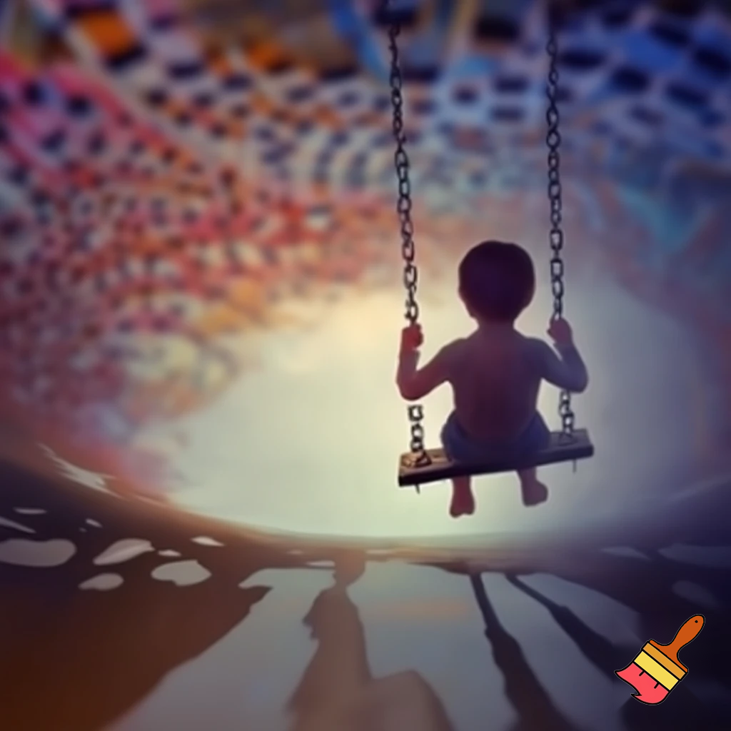 a small child swinging on a swing facing away from me, distorted image
