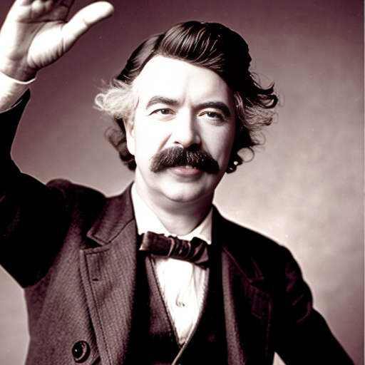 mark twain as a muppet smiling waving his arms above his head