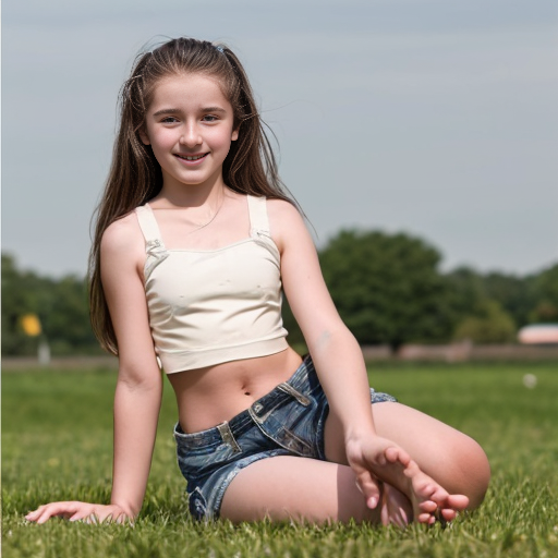 A 13 year old girl that has a crop top braces and is barefoot