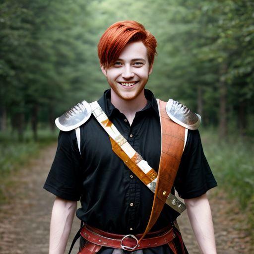 Anime style adult male, neat red hair, smiling, yellow snake eyes but otherwise no snakelike features, has a sword in a scabbard on his back, slim with creative dark medieval clothes, no armor, forest background