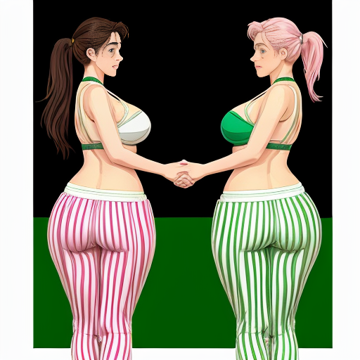 90's disney's 2d aladdin style comic black background and panels of 
Panel 1 a curvy figure two headed woman with brown hair and black striped haired ponytail and with green skin barefoot with green and white striped harem pants and pink and white striped bra marching towards viewer. 
Panel 2 then the curvy figure two headed woman with brown hair  black striped haired ponytail and with green skin barefoot with green and white striped harem pants and pink and white striped bra both looked at each other while marching towards.
Panel 3 then curvy figure two headed woman with brown black striped haired ponytail and with green skin barefoot with green and white striped harem pants and pink and white striped bra looked at viewer. 
Panel 4 then the curvy figure two headed woman with  brown hair and l black striped haired ponytail and with green skin barefoot with green and white striped harem pants and pink and white striped bra kissed the viewer while marching. 
Panel 5 then the curvy figure two headed woman with brown hair black striped haired ponytail and with green skin barefoot with green and white striped harem pants and pink and white striped bra turns around and turns around and revealing to the viewer a yellow triangle shaped stitch patch was on the middle of her butt of her green and white striped harem pants. 
Panel 6 then curvy figure two headed woman with brown hair and black striped haired ponytail and with green skin barefoot with green and white striped harem pants and pink and white striped bra shakes her butt with the yellow triangle shaped Stitch patch on her big butt.  