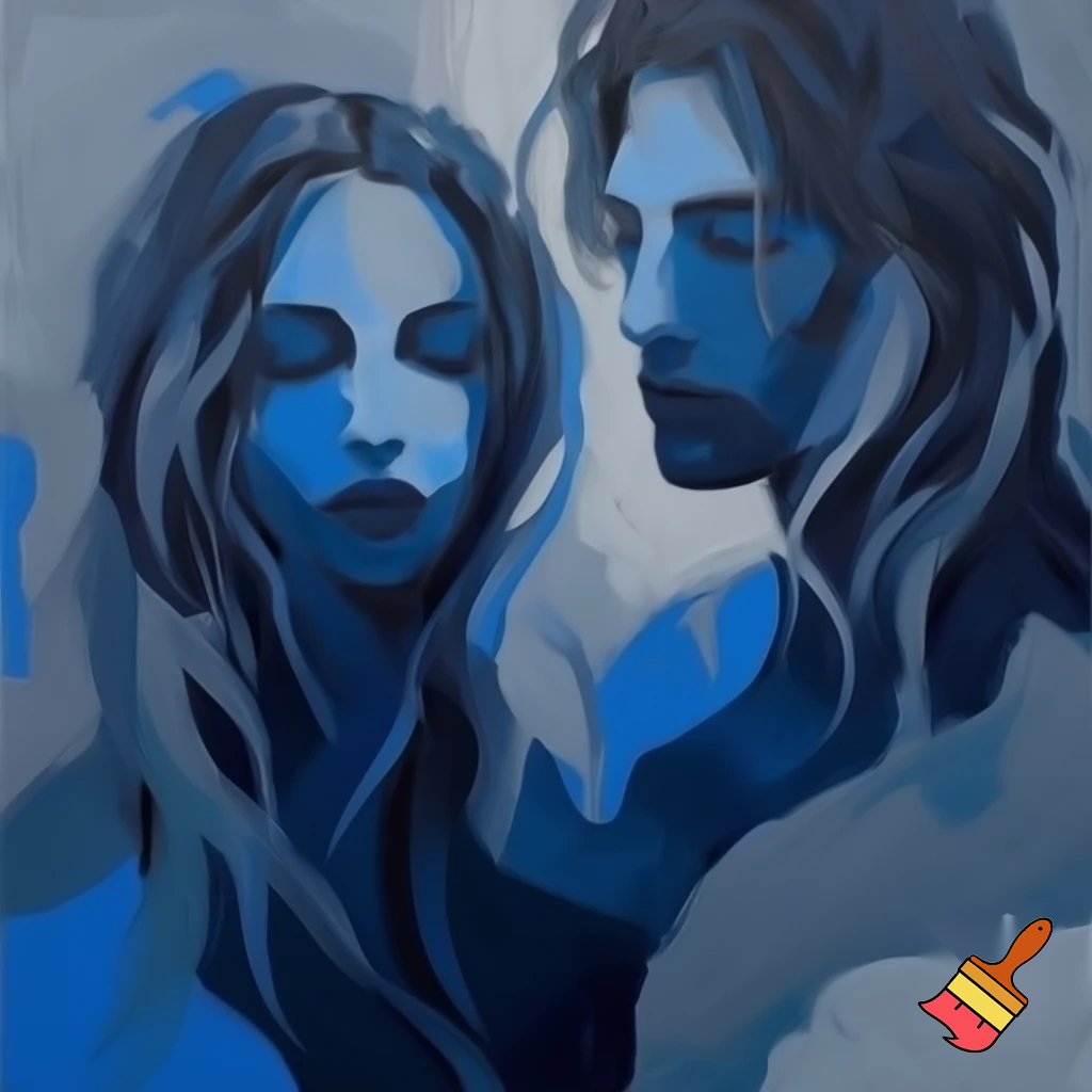 acrylic painting romantic couple man and woman with a long hair love blue and grey modern abstract
