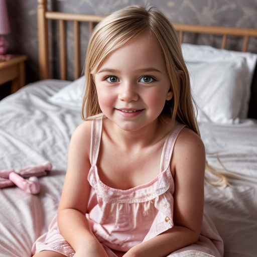 german little girl, blonde hair, nightdress, bedroom background