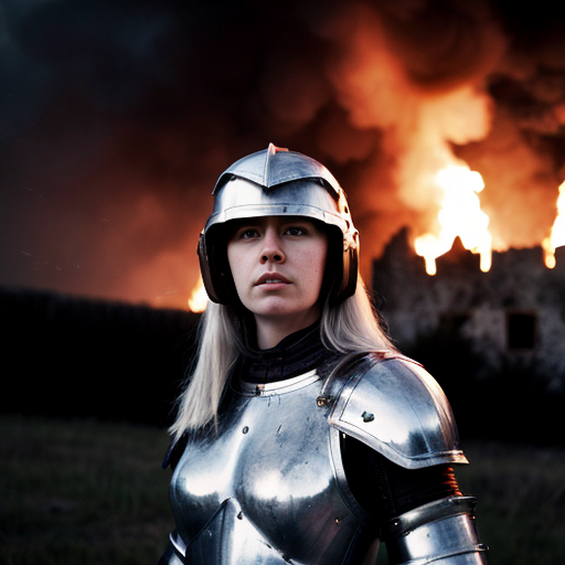 young, tall, white-haired woman in armor stands in front of a burning castle into which meteorites are falling.