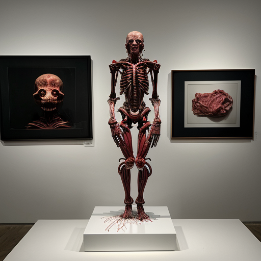 A high-resolution, detailed photograph capturing a complex, visceral biomechanical sculpture and human subject within a contemporary art gallery setting. The central figure is a large, elaborate sculpture constructed from exposed anatomical textures, deep red meat, bone, and intricate wiring, featuring multiple multi-jointed human heads and torsos with agape, screaming mouths, suspended and framed by white PVC piping and supports. The sculpture rests on a distressed white plinth with wheels. Standing next to it is a underground humanoid cannibal another sculpture covered in a white cloth is visible. The gallery walls are mint green, and a large, framed classical painting is on the wall behind the sculpture. The scene has even, diffused lighting that highlights every extreme detail and texture, making the gore and materials look palpably real."