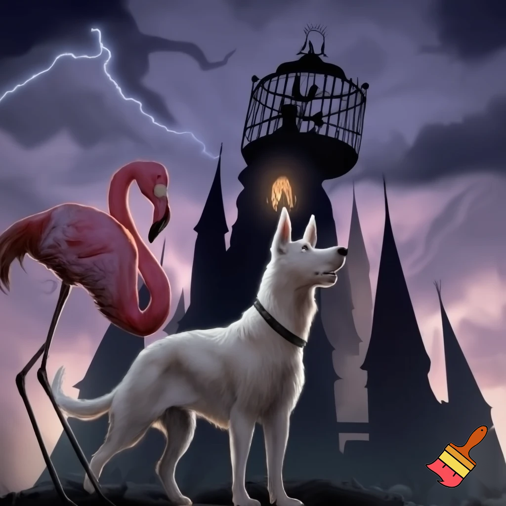 A white dog help the female flamingo (bird) to save her boyfriend from the evil king’s castle. Flamingo’s boyfriend is trapped in big bird cage (cage is top of the roof of evil king’s castle)
