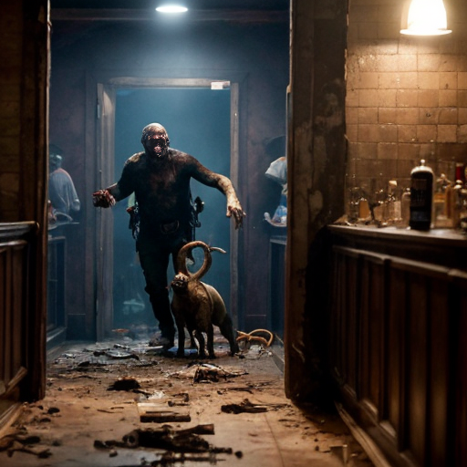 a dimly lit, smoke-choked dive bar plunged into chaos as rotting, Fulci-style zombies burst through the shattered front door and windows. Their decayed faces glisten with wet, stringy gore, eyeballs milky-white or dangling from sockets, as they lurch forward with grotesque hunger. A bartender’s head is halfway torn off, arterial spray arcing across the neon beer signs, while a patron screams mid-bite, intestines spilling from a zombie’s fist like wet rope. Glass shards and broken stools litter the sticky floor, now slick with blood and spilled liquor. One zombie’s jaw hangs by a tendon, its teeth buried in a biker’s neck as he futilely tries to shove it off, his fingers sinking into its putrid flesh. The lighting—sickly green and flickering—casts everything in a nightmarish glow, amplifying the visceral horror of entrails, shattered teeth, and the gleam of exposed bone