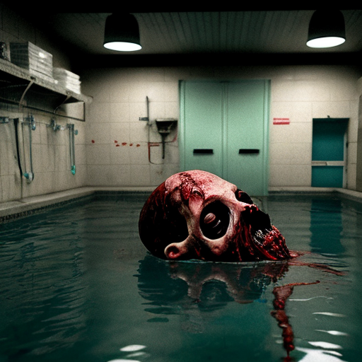 photorealistic horror scene in an abandoned hospital morgue autopsy room, 1980s institutional green tiled walls covered in fresh blood splatter and dripping gore, fluorescent ceiling lights flickering dimly, cold clinical atmosphere, central grotesque eldritch monster standing upright, tall humanoid body composed of writhing dark fleshy tendrils and organic black biomass, octopus-like head with mass of thick slimy tentacles instead of face, no eyes or mouth visible just writhing cephalopod appendages, dripping viscous black ichor and blood, decayed rotting texture on the creature, extremely detailed wet slimy skin and muscle fibers, standing in a large pool of fresh blood on the tiled floor, autopsy table in background with mutilated naked human corpse lying on it, realistic dissected body, exposed organs, blood pooling and dripping off edges, blood trails and smears everywhere, surgical tools scattered, rusty metal sink and lamp, hyper-detailed textures, cinematic horror lighting with harsh shadows and volumetric fog, ultra realistic, photorealistic, 8k, RAW photo, horror movie still, disturbing atmosphere, gore, extreme detail, no censorship