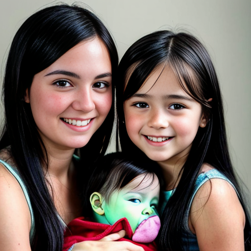 make a family photo with a 26 year old mom with black hair. Add her 2 
year old boy triplets with black hair. also add her 16 year old triplet girls with black long hair.