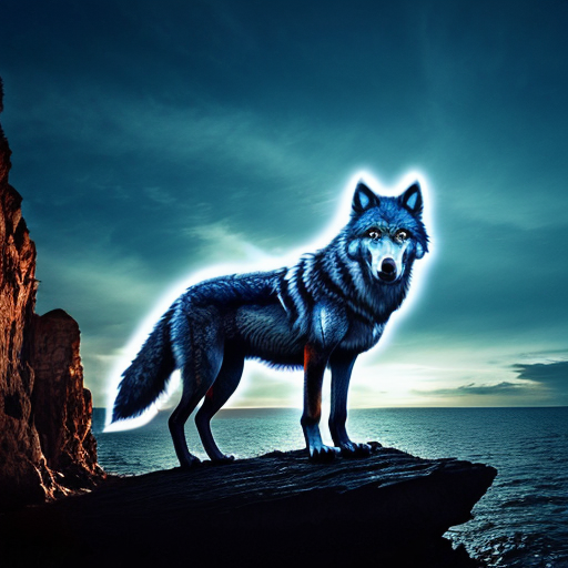 create an image of a blue wolf, with glowing red eyes, gleaming fangs and glowing fur. The backround is a rocky cliff with people coming towards it