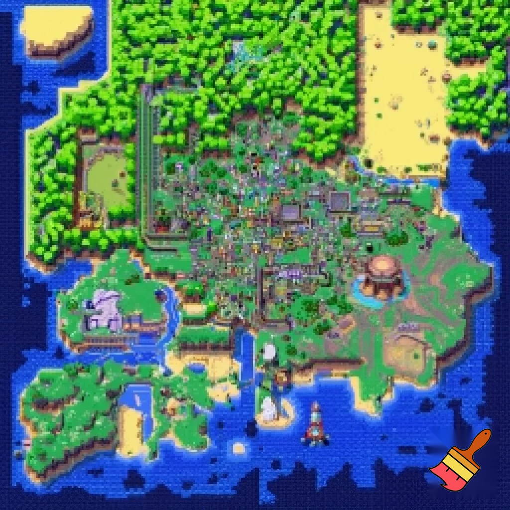 Carte monde pixel art rétro d'un jeu Pokémon-like avec 30 zones connectées logiquement : une grande ville centrale (Ville Hub), maison et jardin au nord-ouest, forêt à l'est, désert au sud-est, jungle à l'ouest, océan au sud, usine cyberpunk au nord, sous-terrain avec manoir hanté, temple chrono avec portails, arcade jeux vidéo cachée, et fusée vers l'espace, style Zelda overworld 8-bit, couleurs vives, chemins naturels, montagnes, mers, forêts"