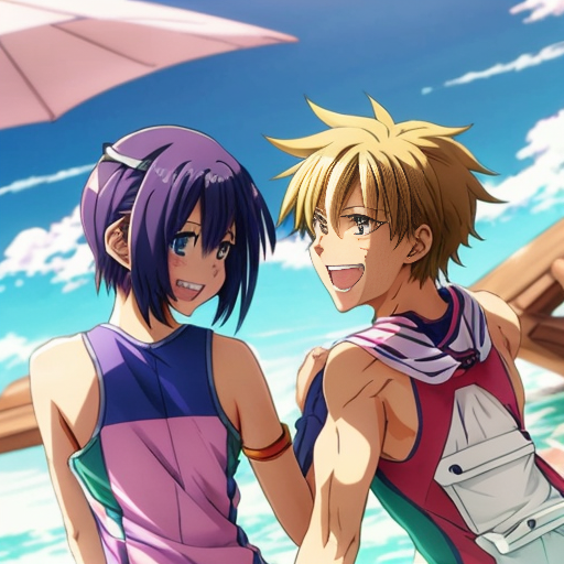 A cheerful 12-year-old teenage sister wears the same boys' swimsuit as her equally cheerful and amused 13-year-old teenage brother, and they both play in it together.