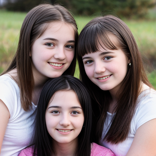 Generate a family photo of 16 year old triplet girls with black hair