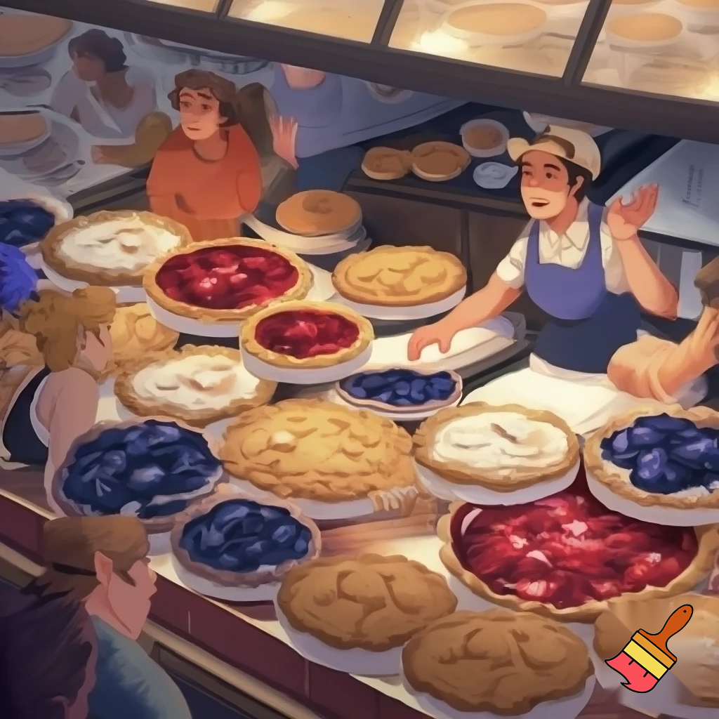 Understand what customers feel when they enter (hungry, rushed, excited).


Observe how they interact with the shop (waiting, choosing flavors, finding seats).


Listen to their comments about taste, service, prices, and menu options.


Identify emotional needs (comfort, freshness, speed, friendliness).


Recognize pain points (long waits, sold-out pies, limited options).



can you create an image based on above point into 
pie shop 