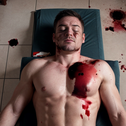 shirtless random man (neighbor, not everyone has 6 pack.), face are hiding by shirt, died already, chest are open wounded circle, blood everywhere, eye closed, floor (on random place like empty place) on corpse body.