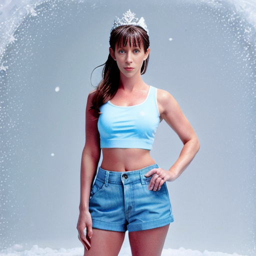 jennifer love hewitt as Jackie frost blue skin blue bod y naked brown hair bangs on her forehead her skin tirns ice blue body legs who wears a light blue sleeveless crop top , an icicle skirt, shorts snowflake tiara. background of snow wears high heels
