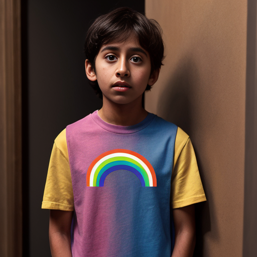 a nervous short 14 brown boy with rainbow clothing who is a human
